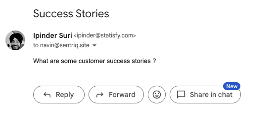 A customer email titled Success Stories sent to a connected mailbox