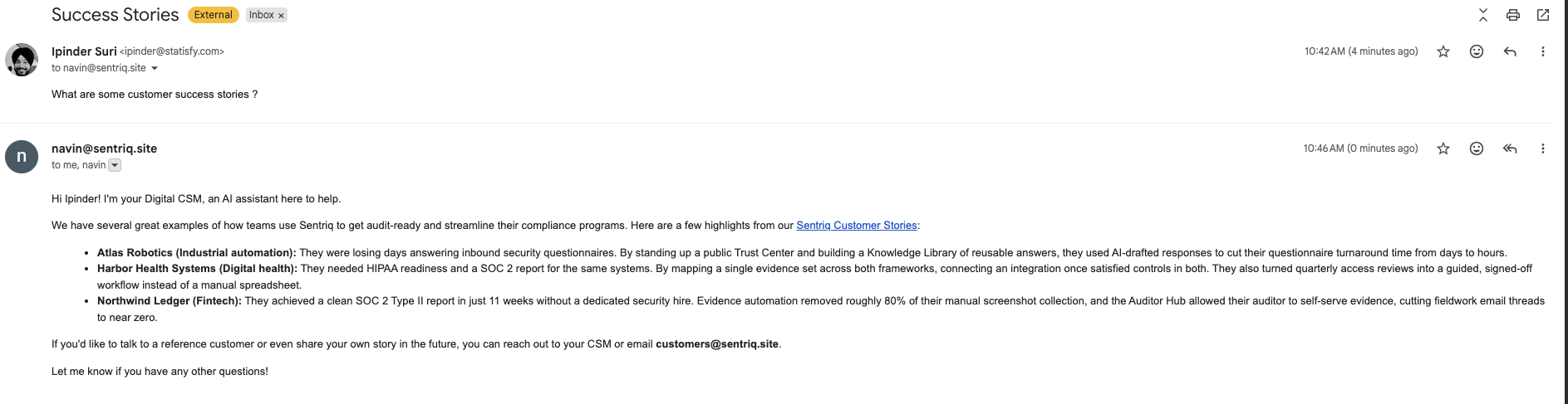 The delivered email thread showing the worker's reply sent from the connected mailbox