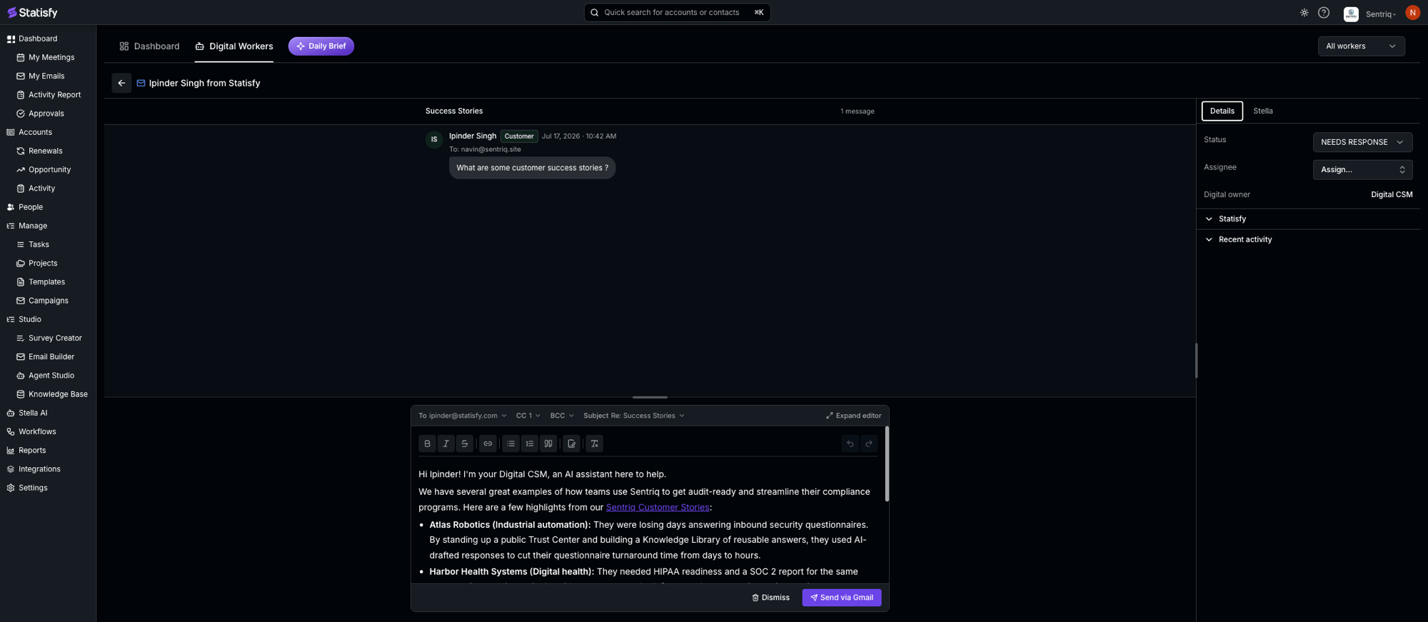 The worker-pool conversation for the connected mailbox with a drafted reply and the Send via Gmail button