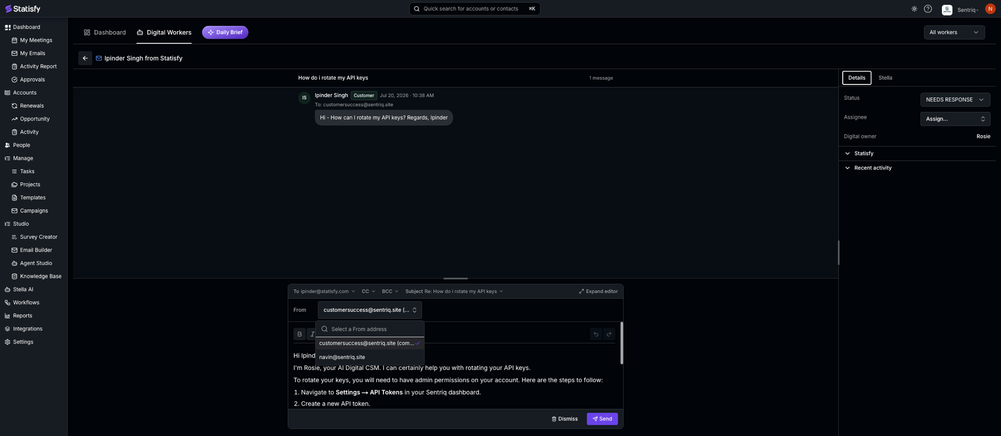 A held email conversation in the worker pool with the From dropdown open, offering the company address and a connected mailbox