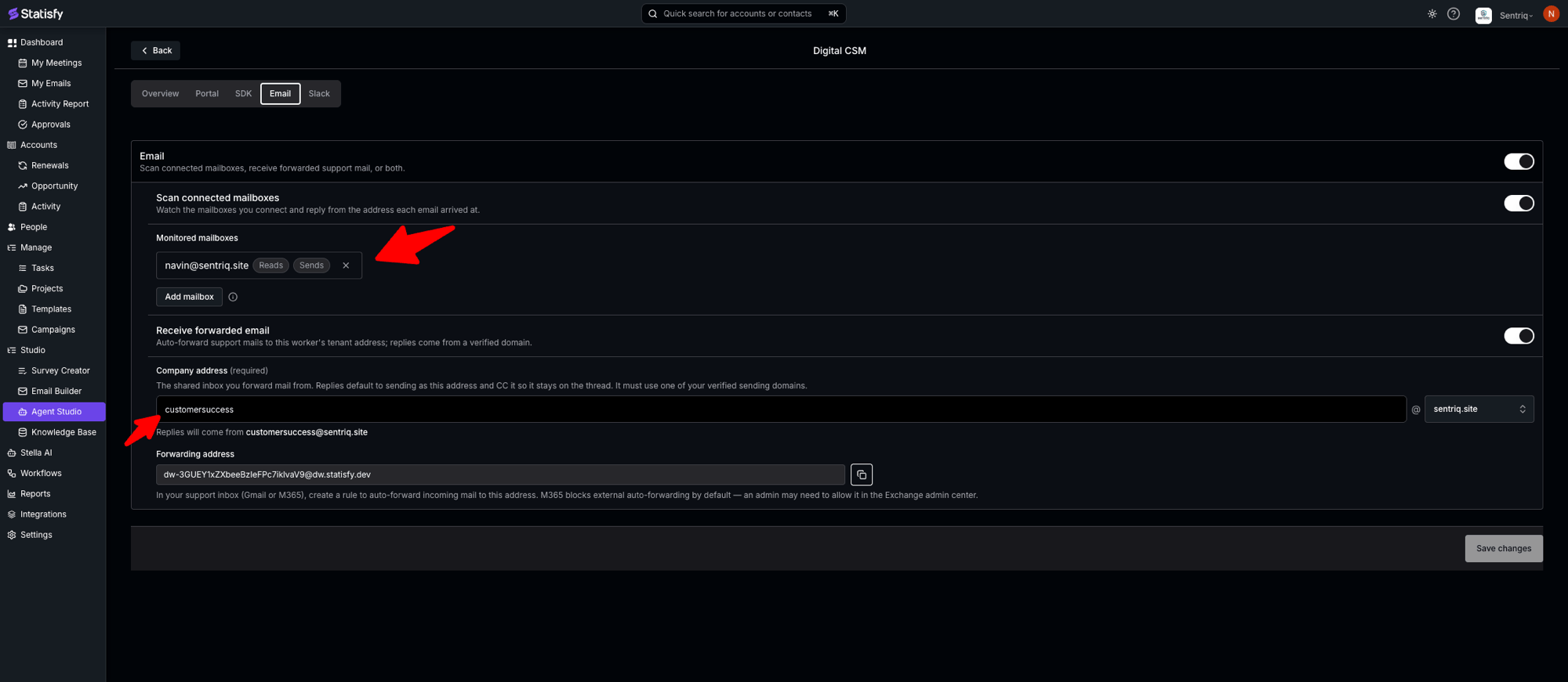 The worker's Email tab showing the master Email toggle, Scan connected mailboxes with Monitored mailboxes, and Receive forwarded email with the company address and forwarding address