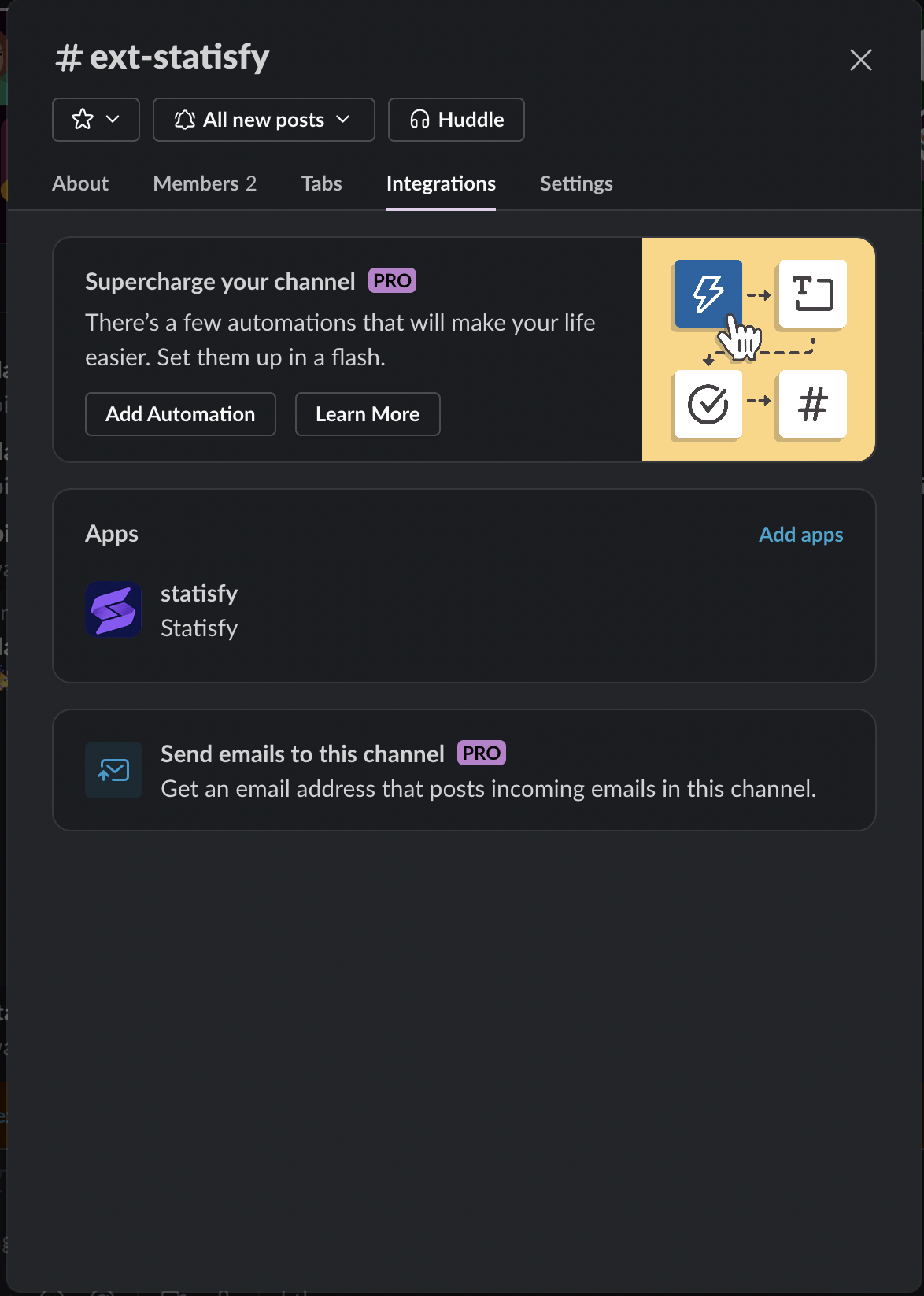 A Slack channel's Integrations tab with Statisfy listed under Apps