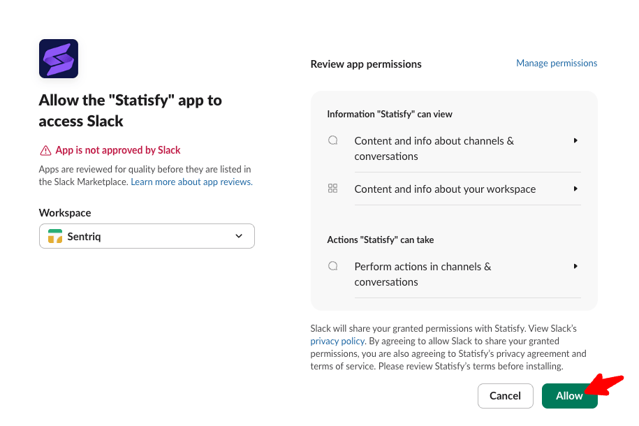Slack authorization screen for the Statisfy app with the Allow button