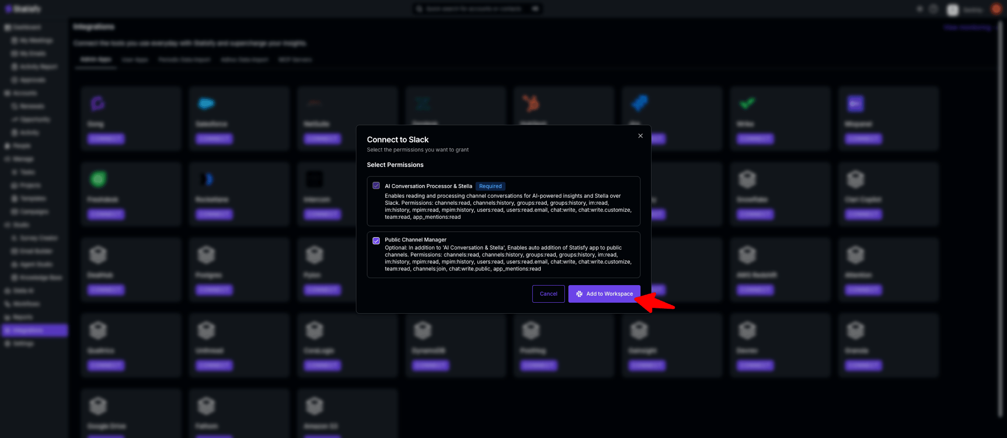 Connect to Slack dialog showing the AI Conversation Processor & Stella and Public Channel Manager permission options