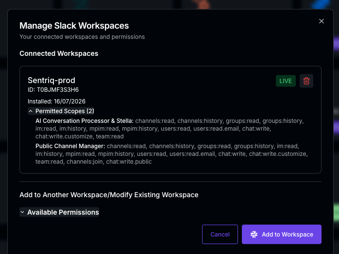 Manage Slack Workspaces showing a connected workspace marked LIVE with its permitted scopes