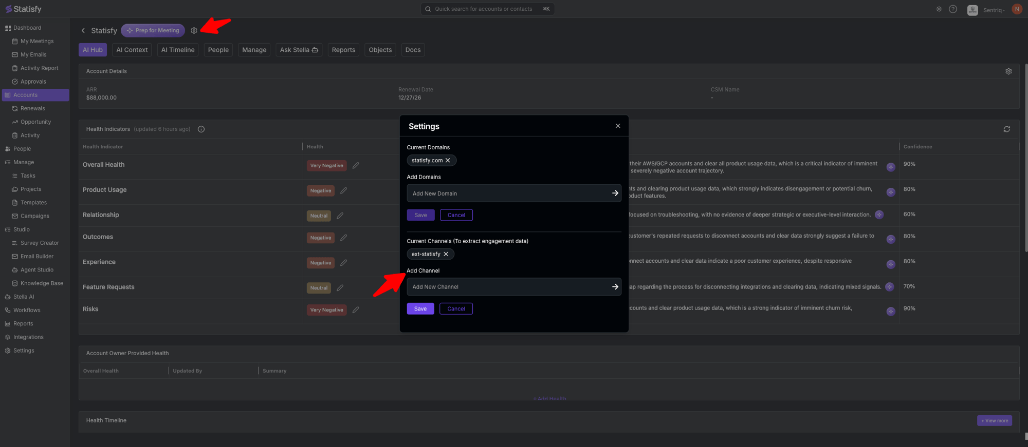 Account settings dialog with the Current Channels section where a Slack channel is added to the account