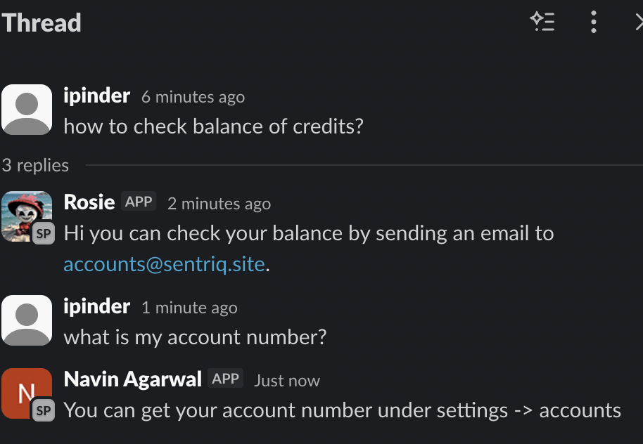 A Slack thread showing a reply sent under a teammate's own name (Navin Agarwal), alongside an earlier reply sent as the worker Rosie