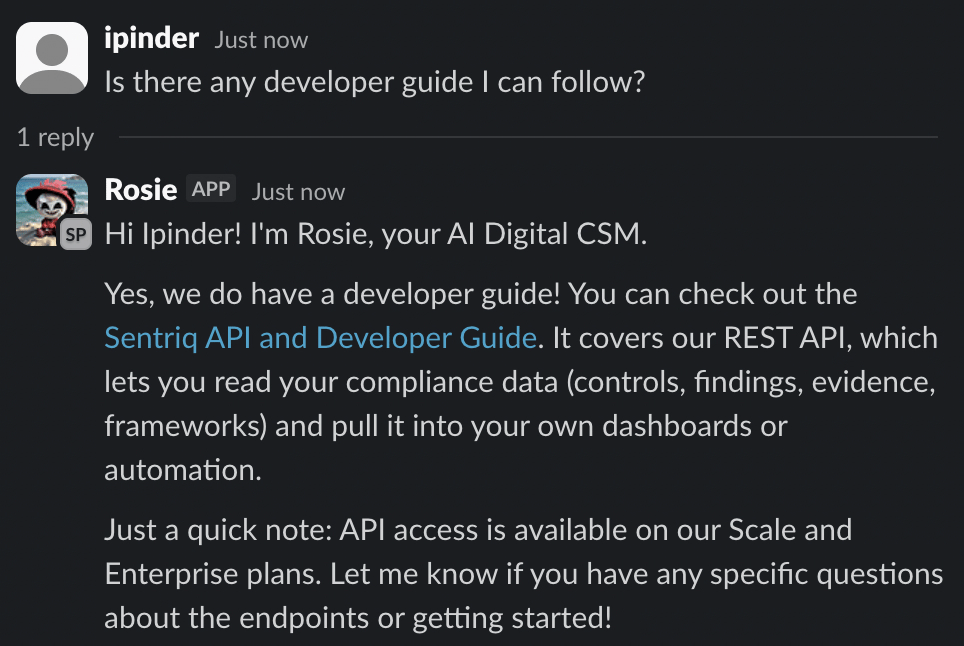 A Slack thread where Rosie replied under its own name and avatar