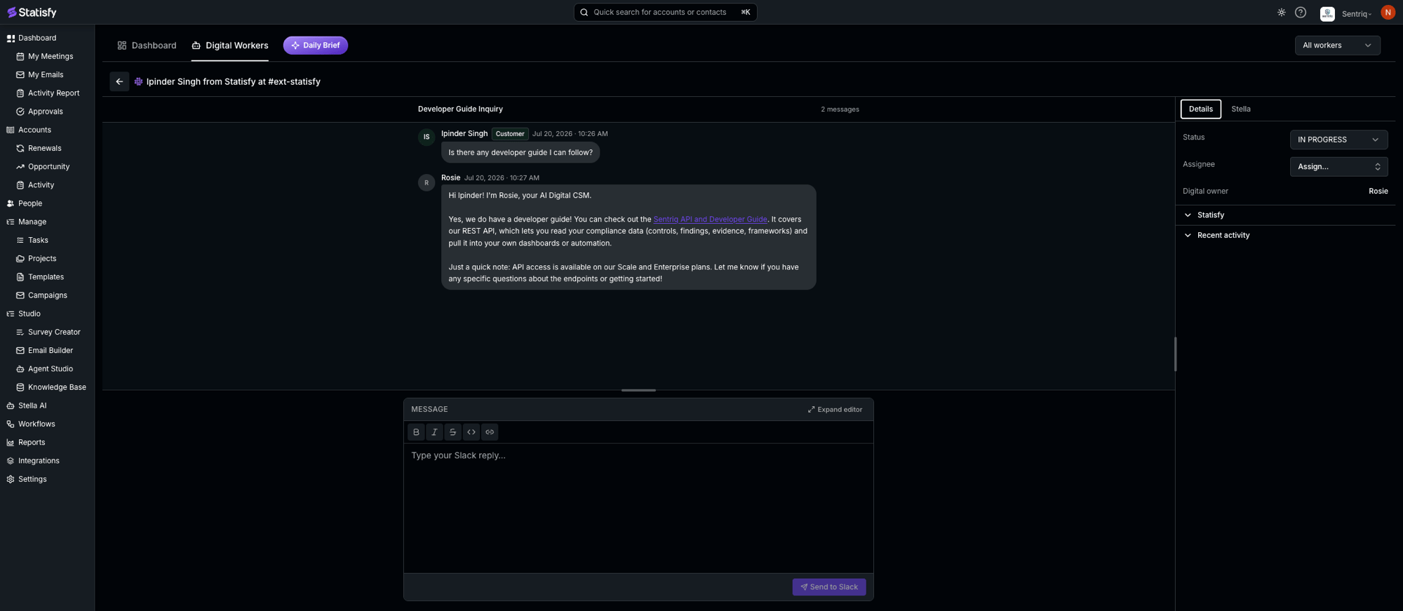 A worker-pool conversation showing an autonomous reply already sent, with status and owner in the detail panel