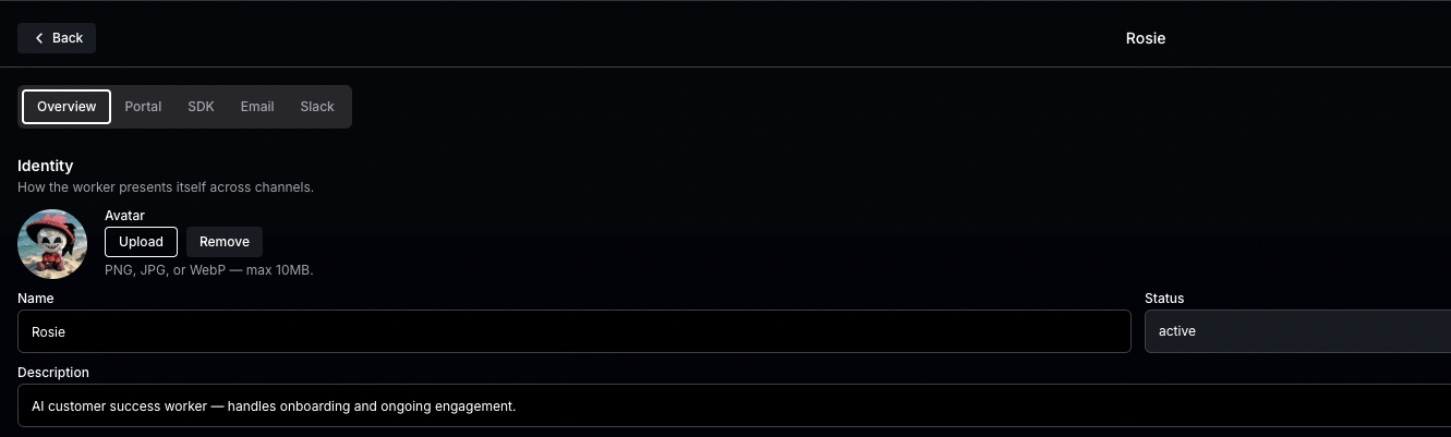 The worker's Overview tab with the Identity section showing the Name set to Rosie and an uploaded avatar