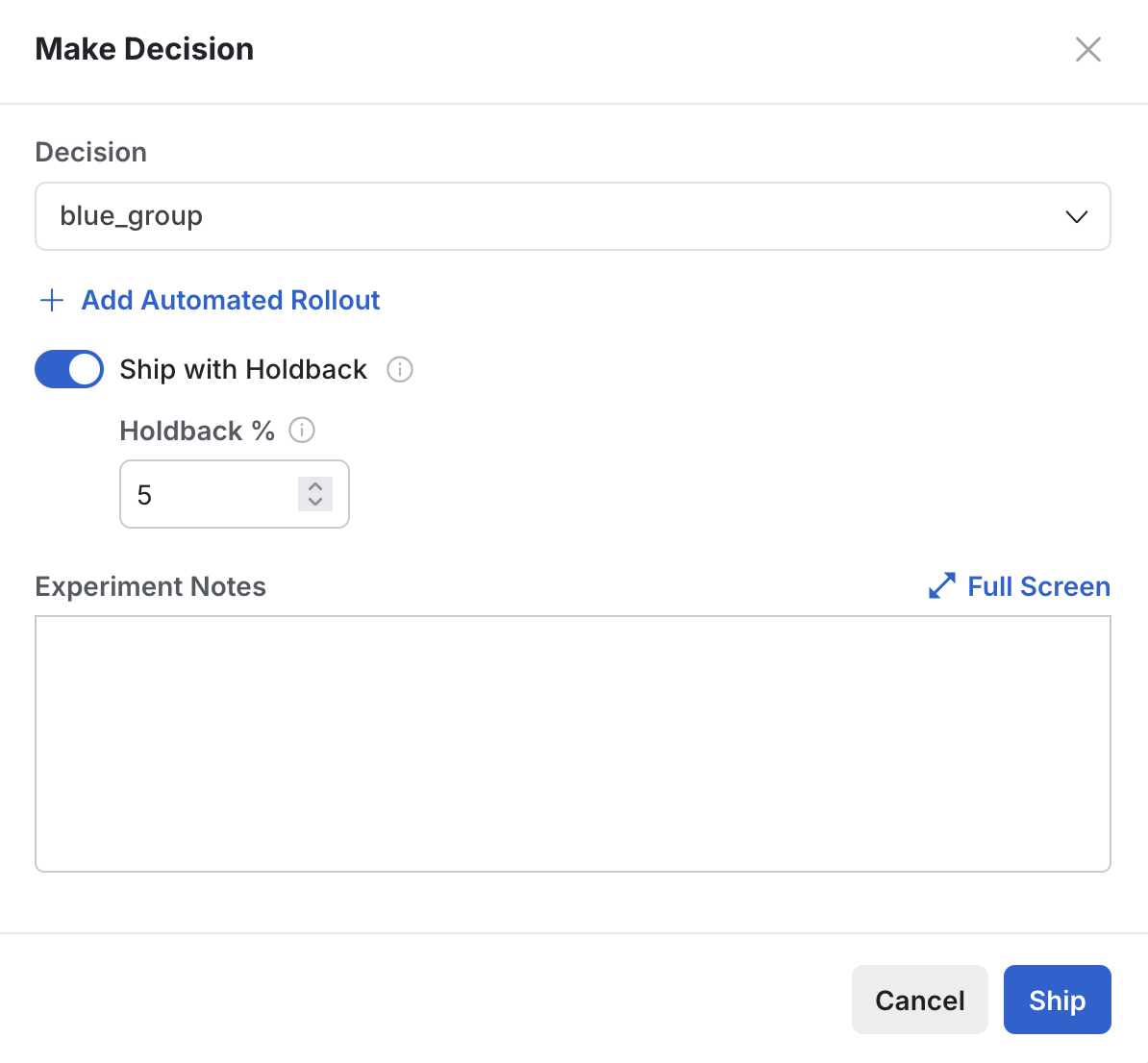 Ship with holdback dialog specifying control percentage in Make Decision modal