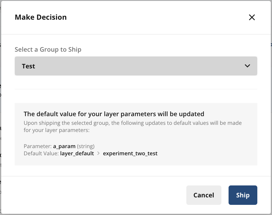Layer defaults updated to use test group value experiment_two_test