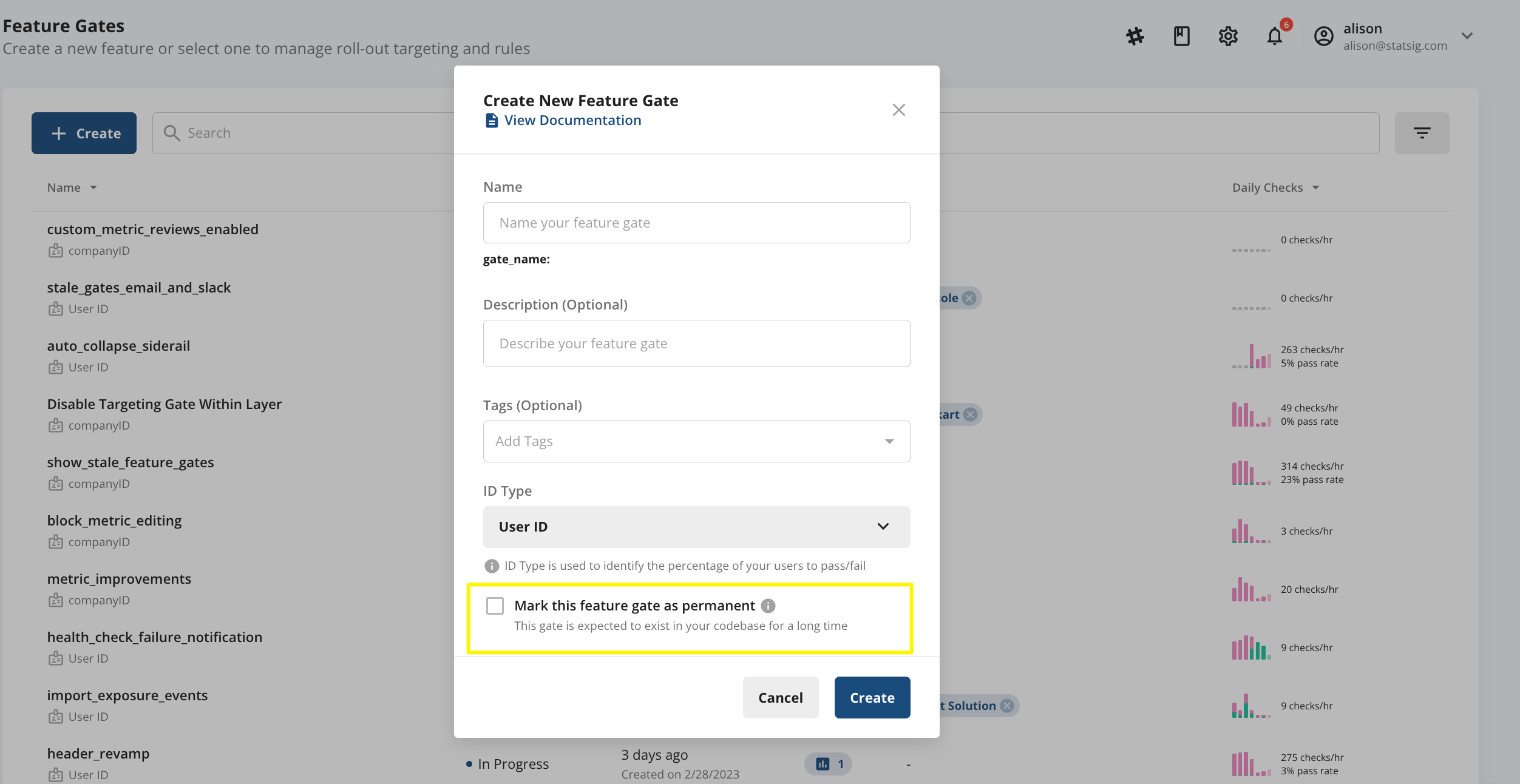 Permanent checkbox in gate creation flow