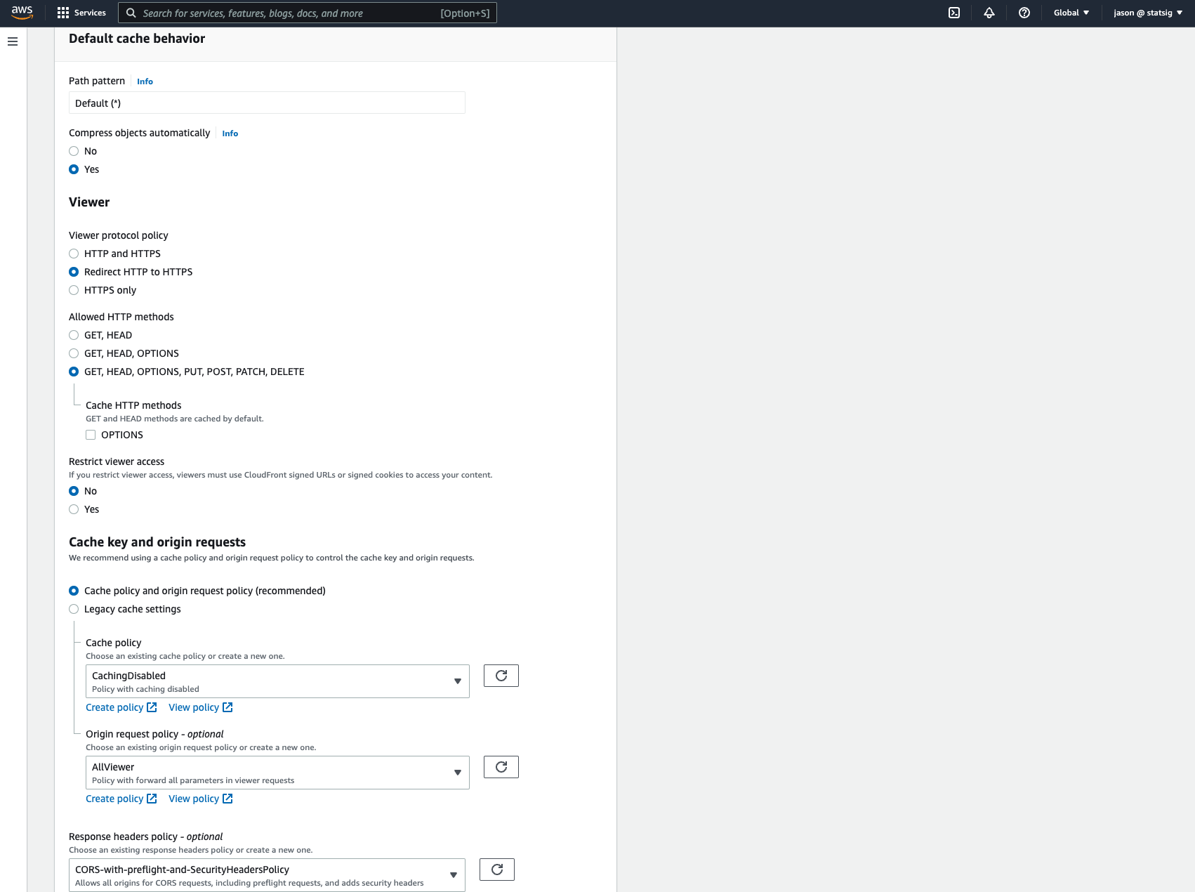Default cache behavior section