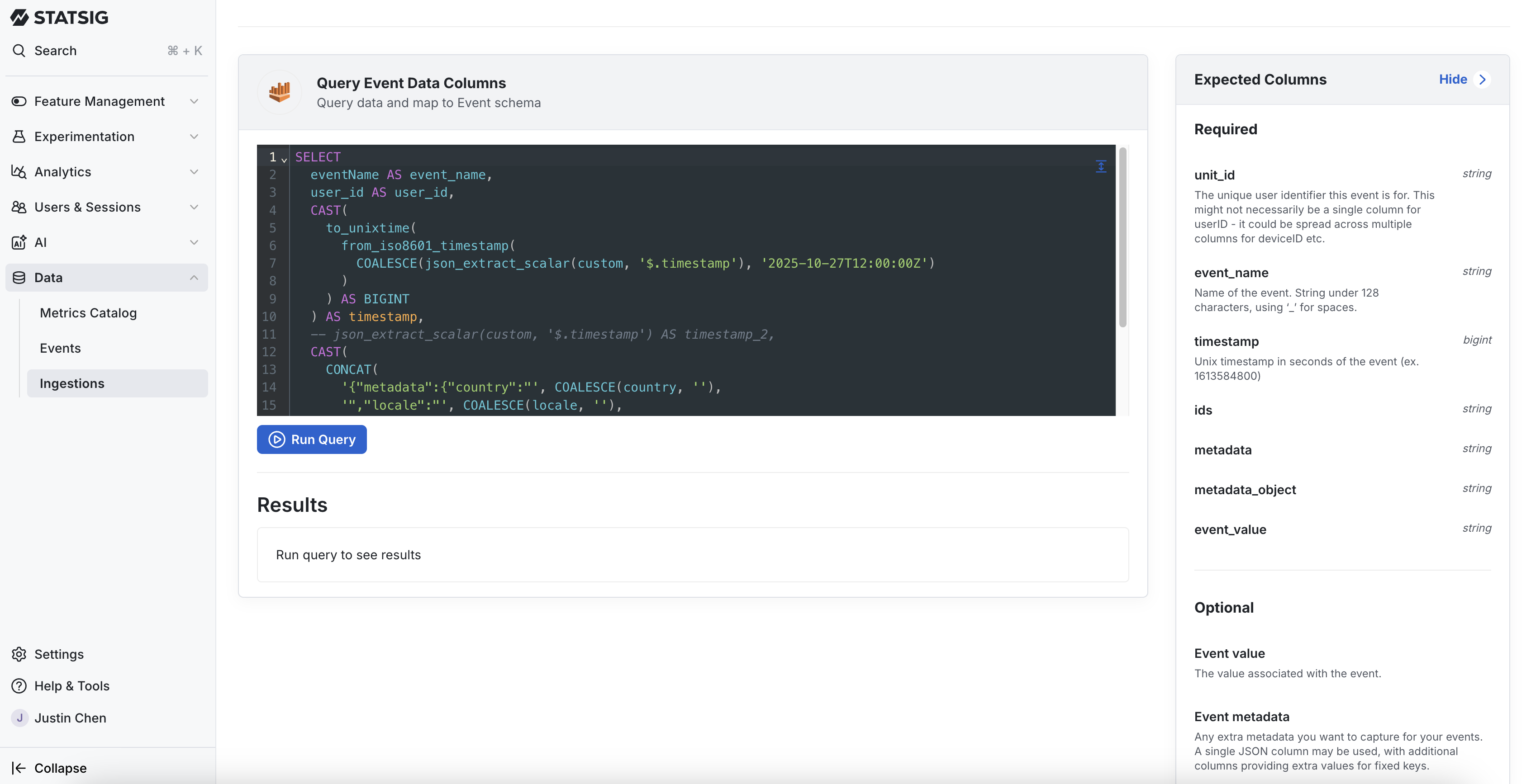 Query Event Data Columns interface showing SQL editor and expected columns panel