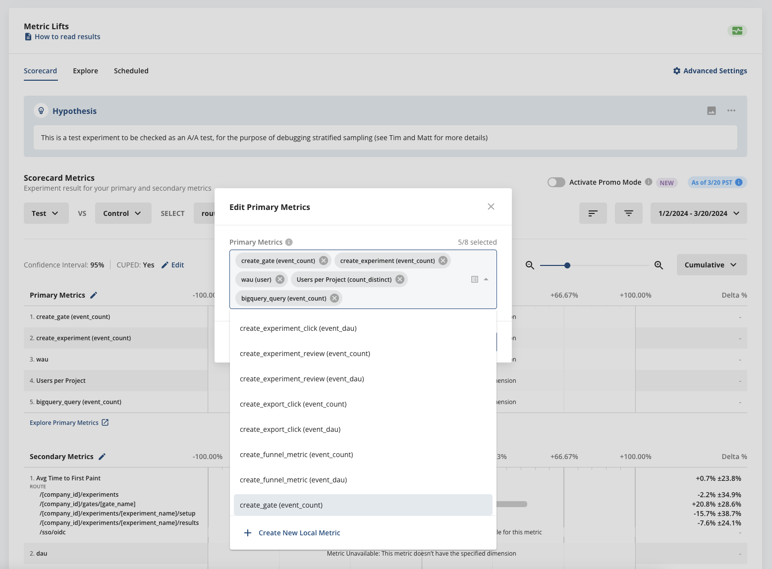 Pulse scorecard with Edit Primary Metrics and Create New Local Metric options