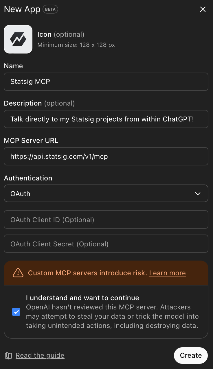 ChatGPT connector authentication settings