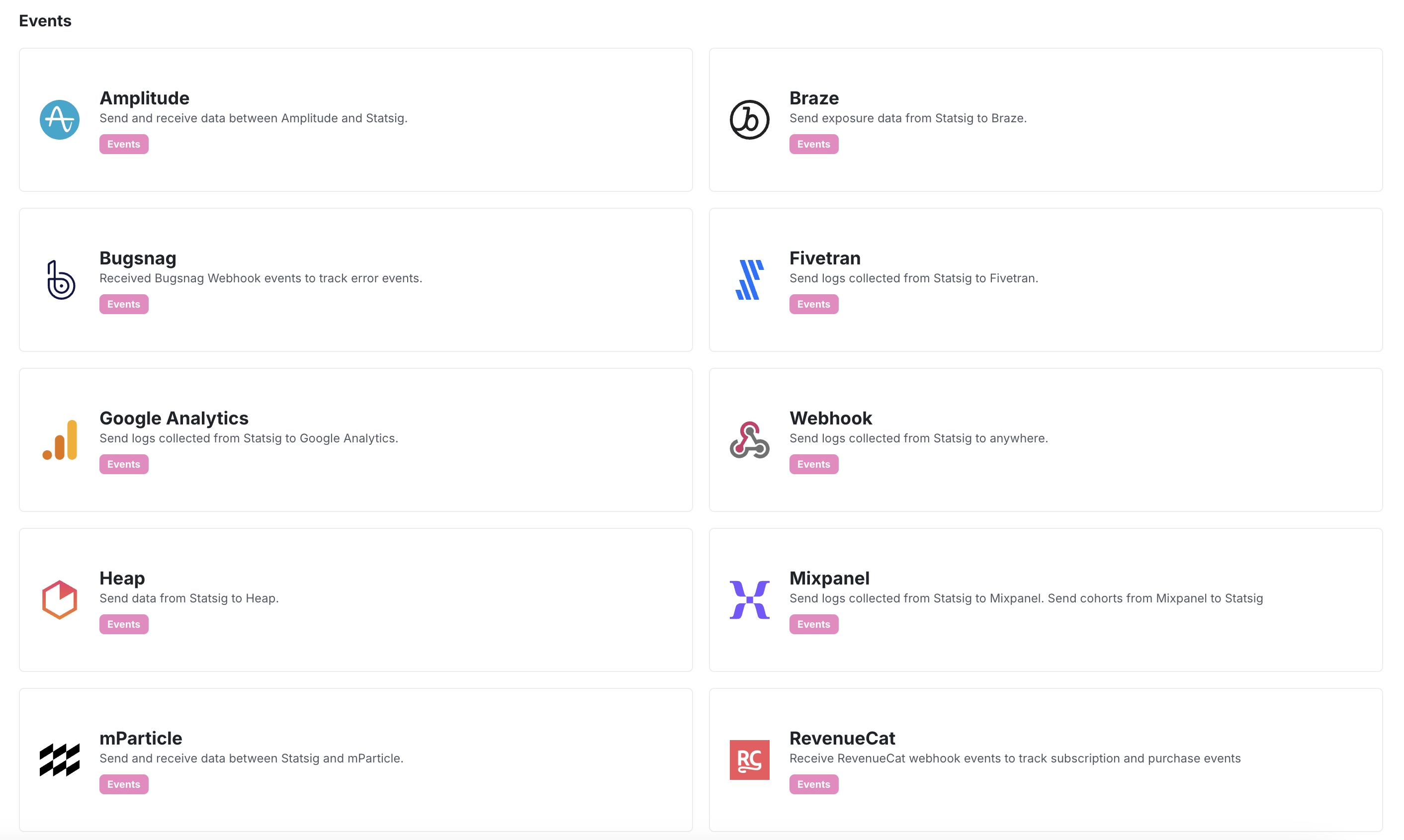 Grid of event export integrations such as Amplitude, Braze, and Webhook