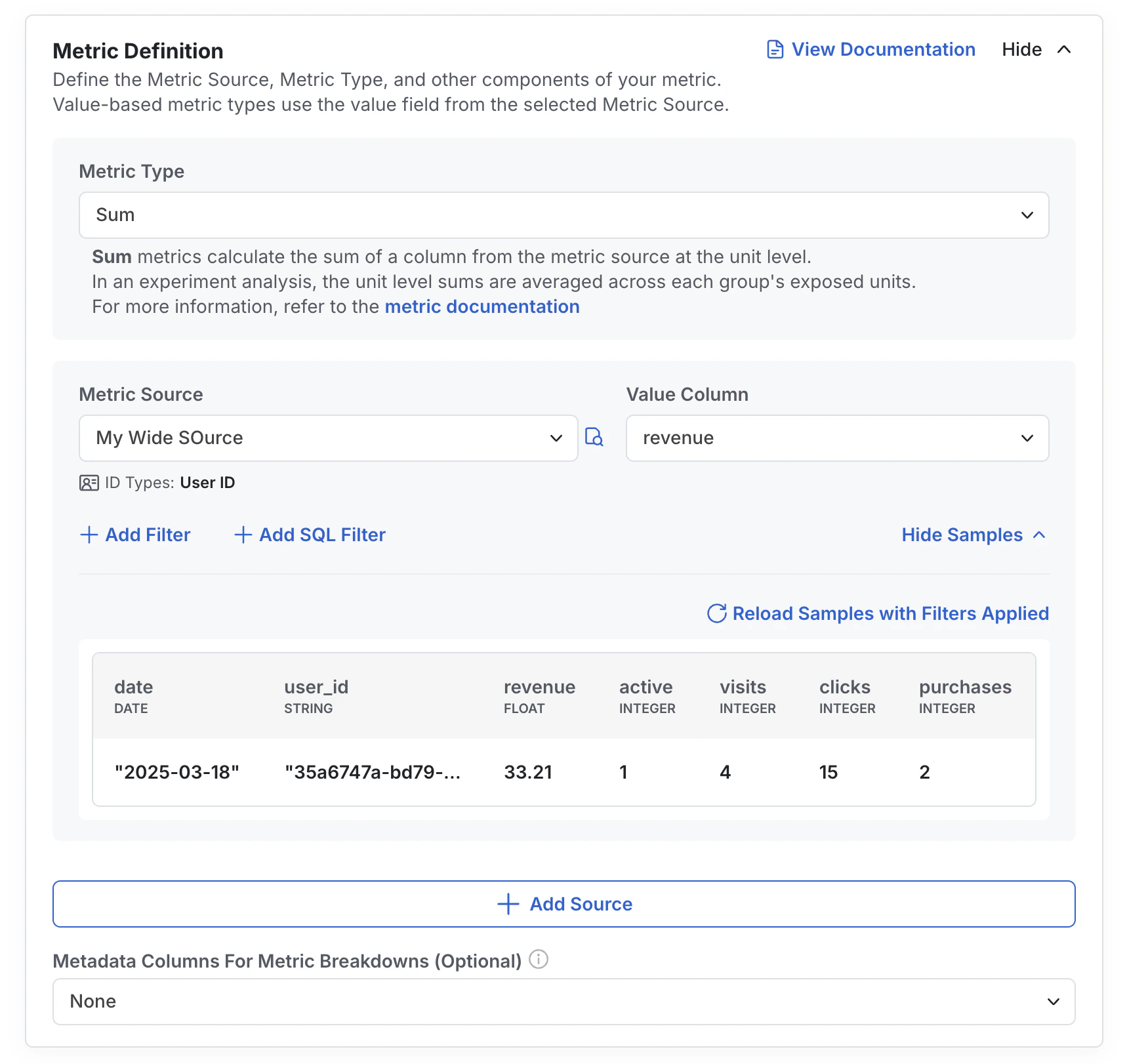 Sum metric configuration for revenue column