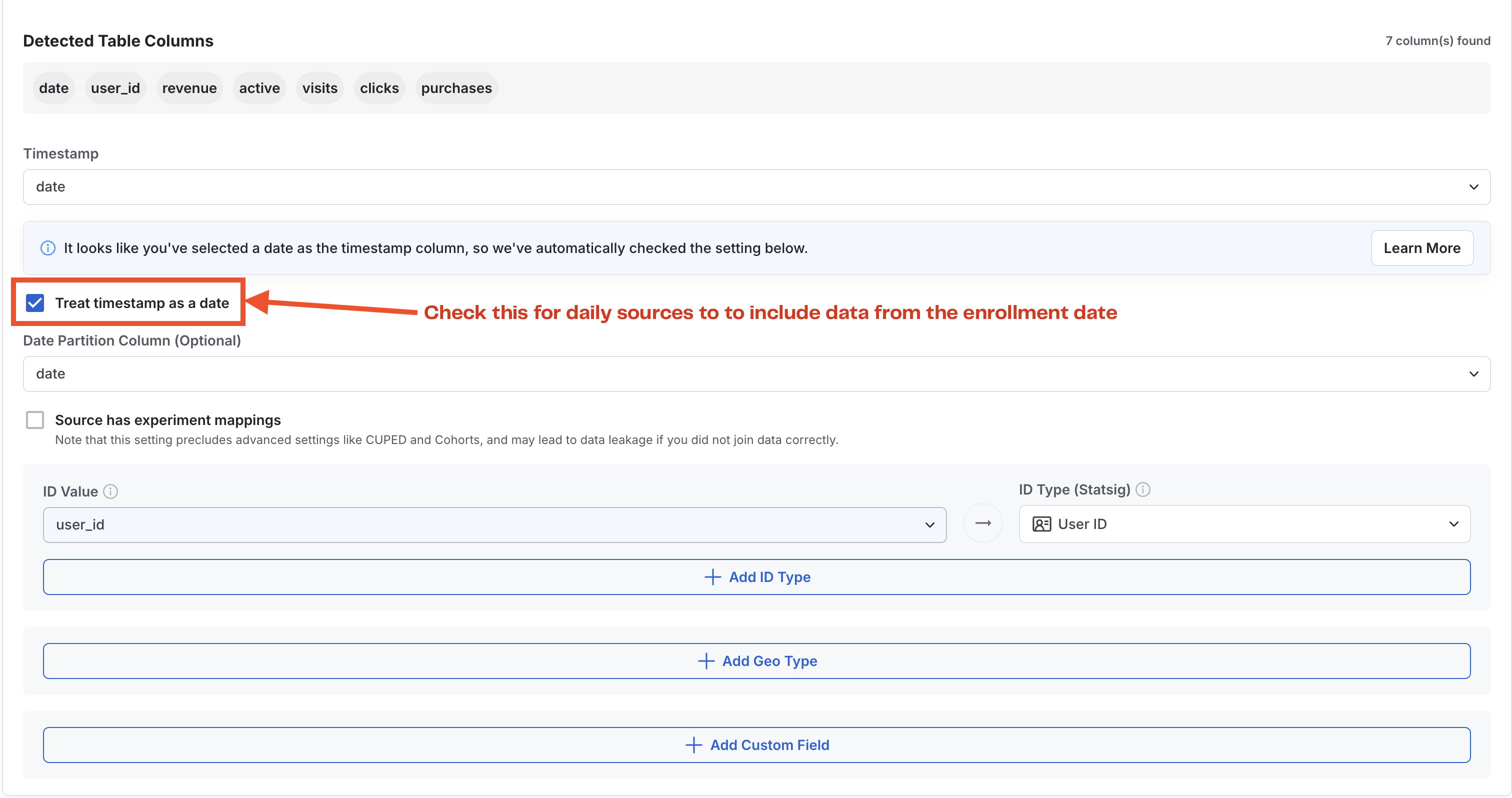 Timestamp and ID type configuration with revenue alias