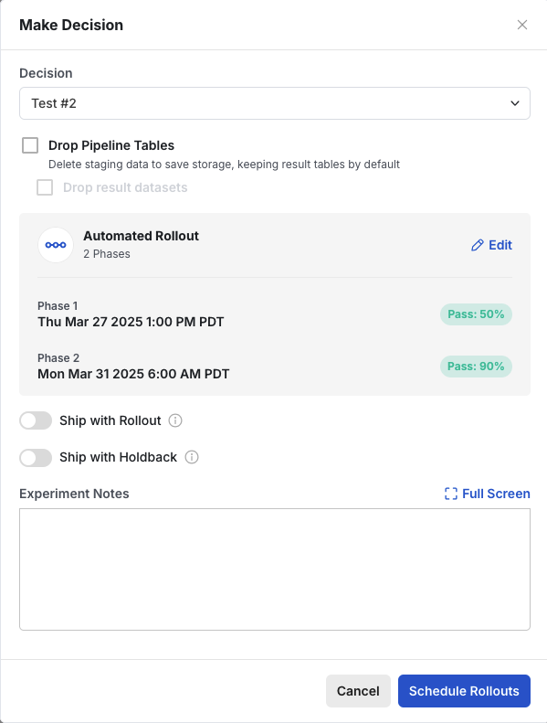 Rollout schedule preview and commit interface