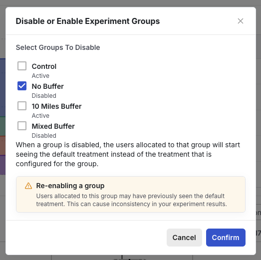 Modal showing reenable group selections
