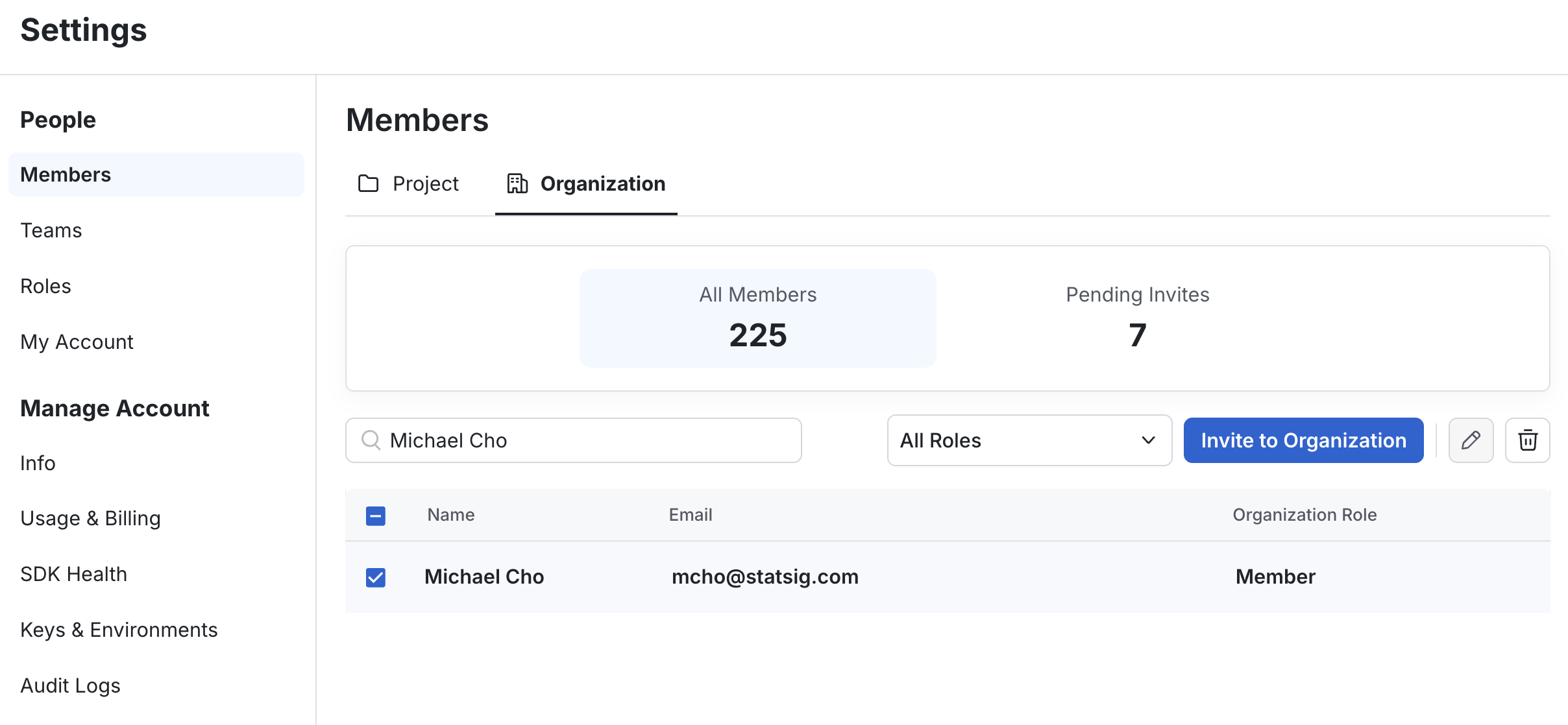 Organization member management interface
