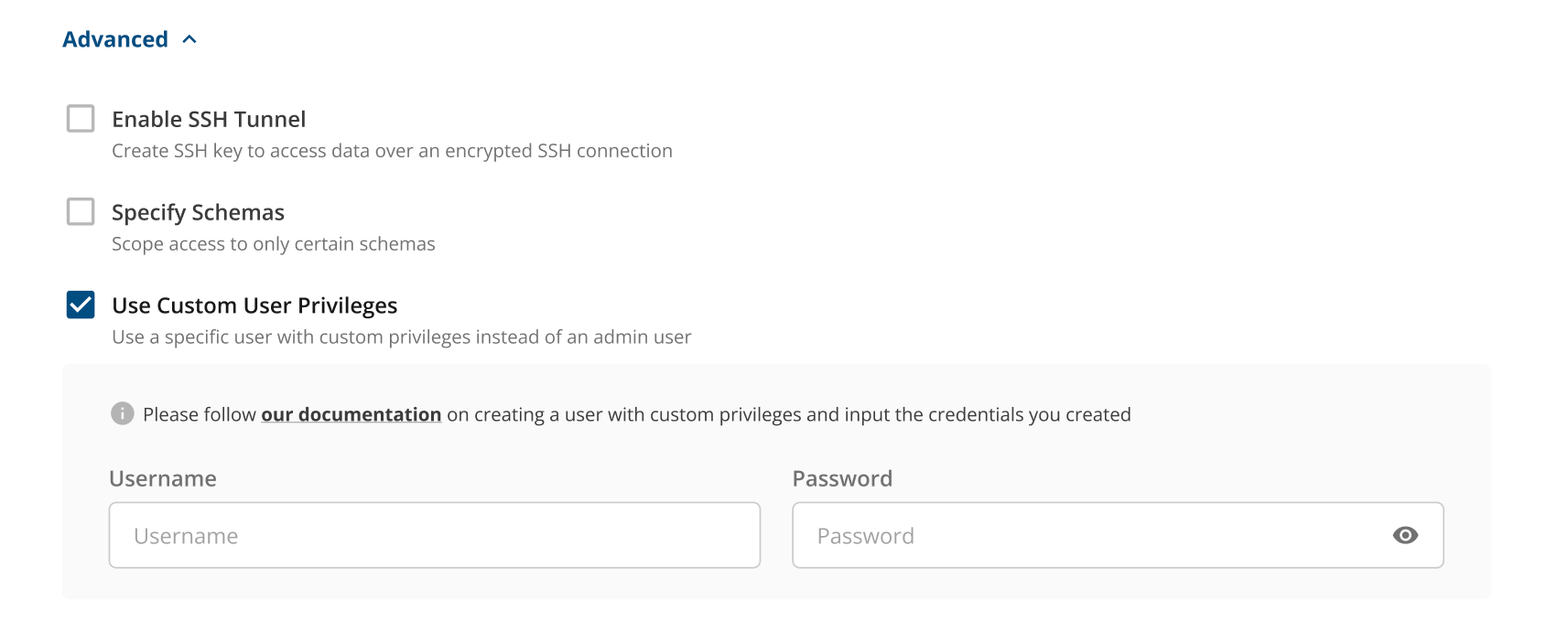 Advanced connection settings for warehouse ingestion showing credential inputs