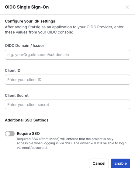 SSO configuration dialog with OIDC provider fields