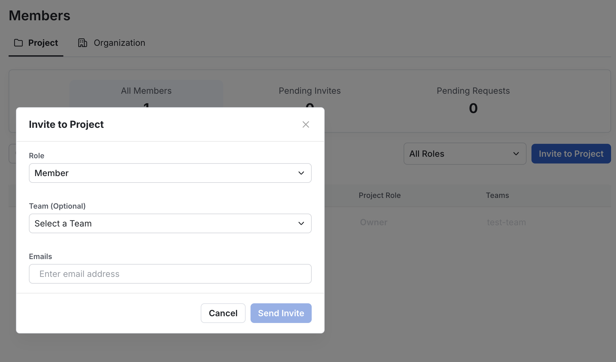 Project invite interface