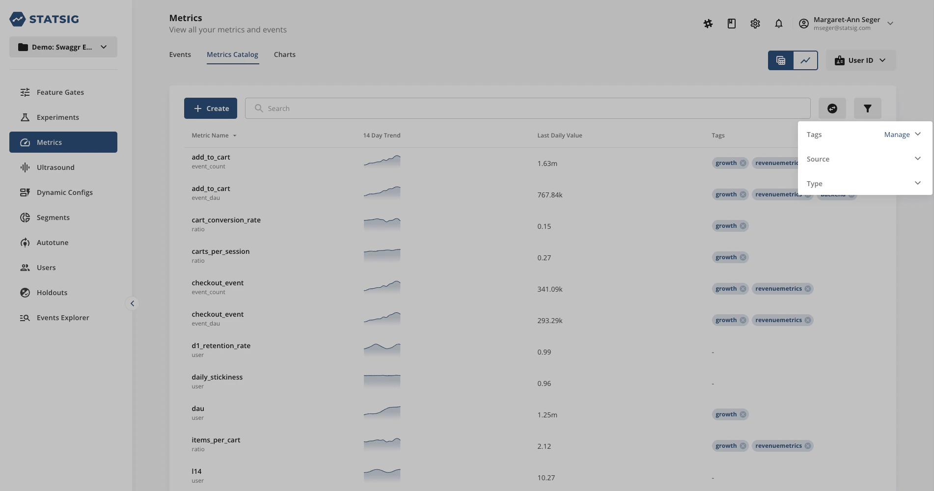Metrics catalog navigation