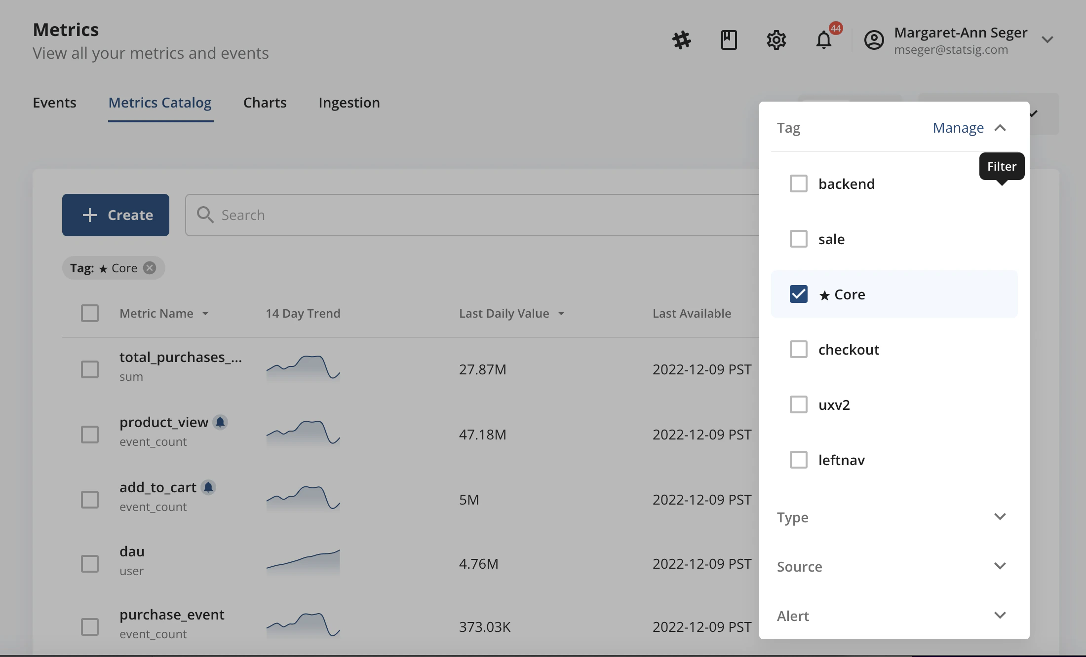 Core metrics filter view