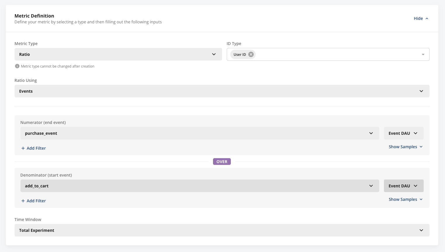 Ratio metric setup for cart conversion rate