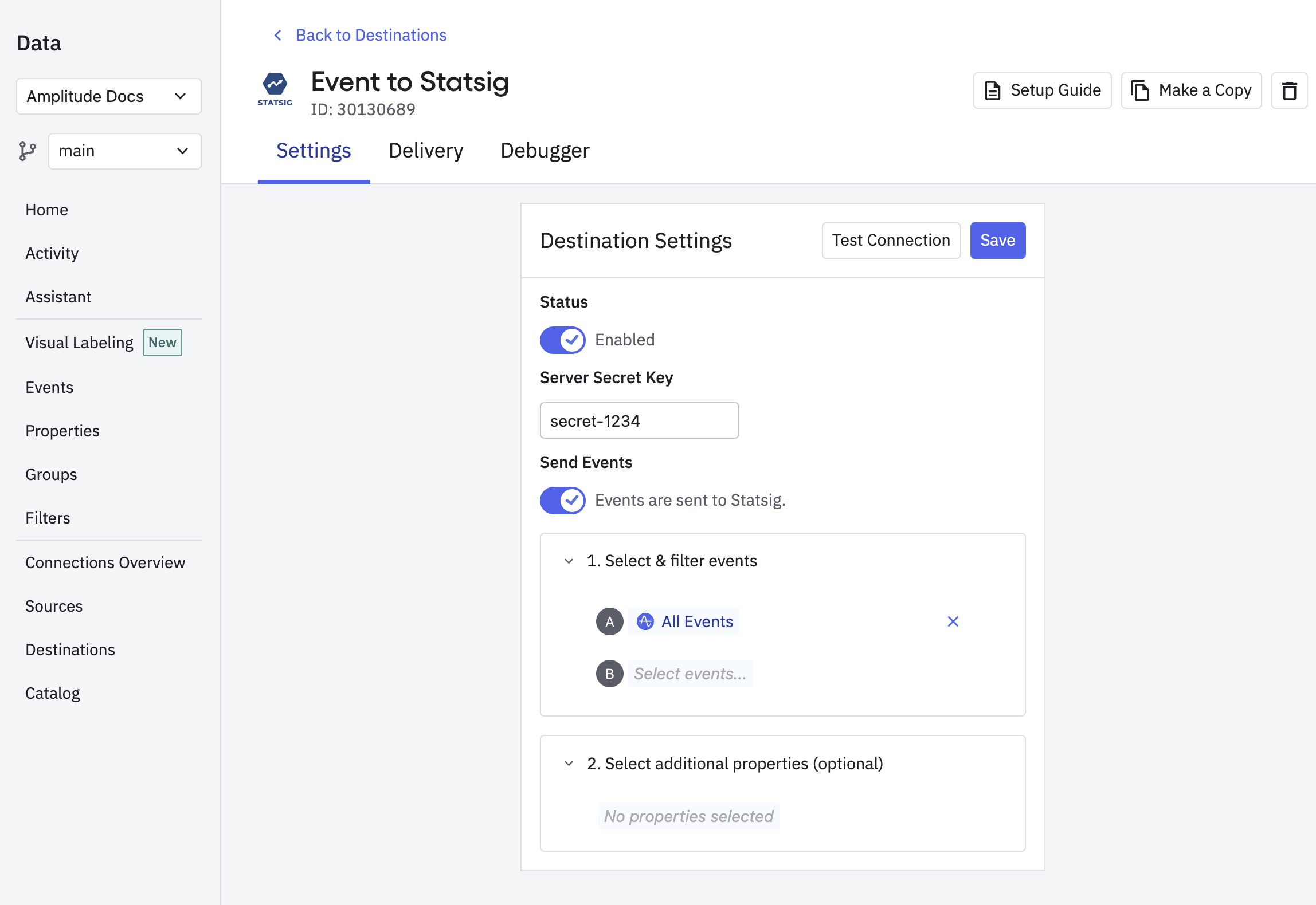 Statsig destination settings entering server secret key and event selection