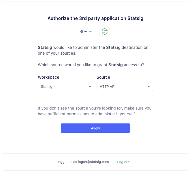 Segment OAuth consent screen selecting workspace and source