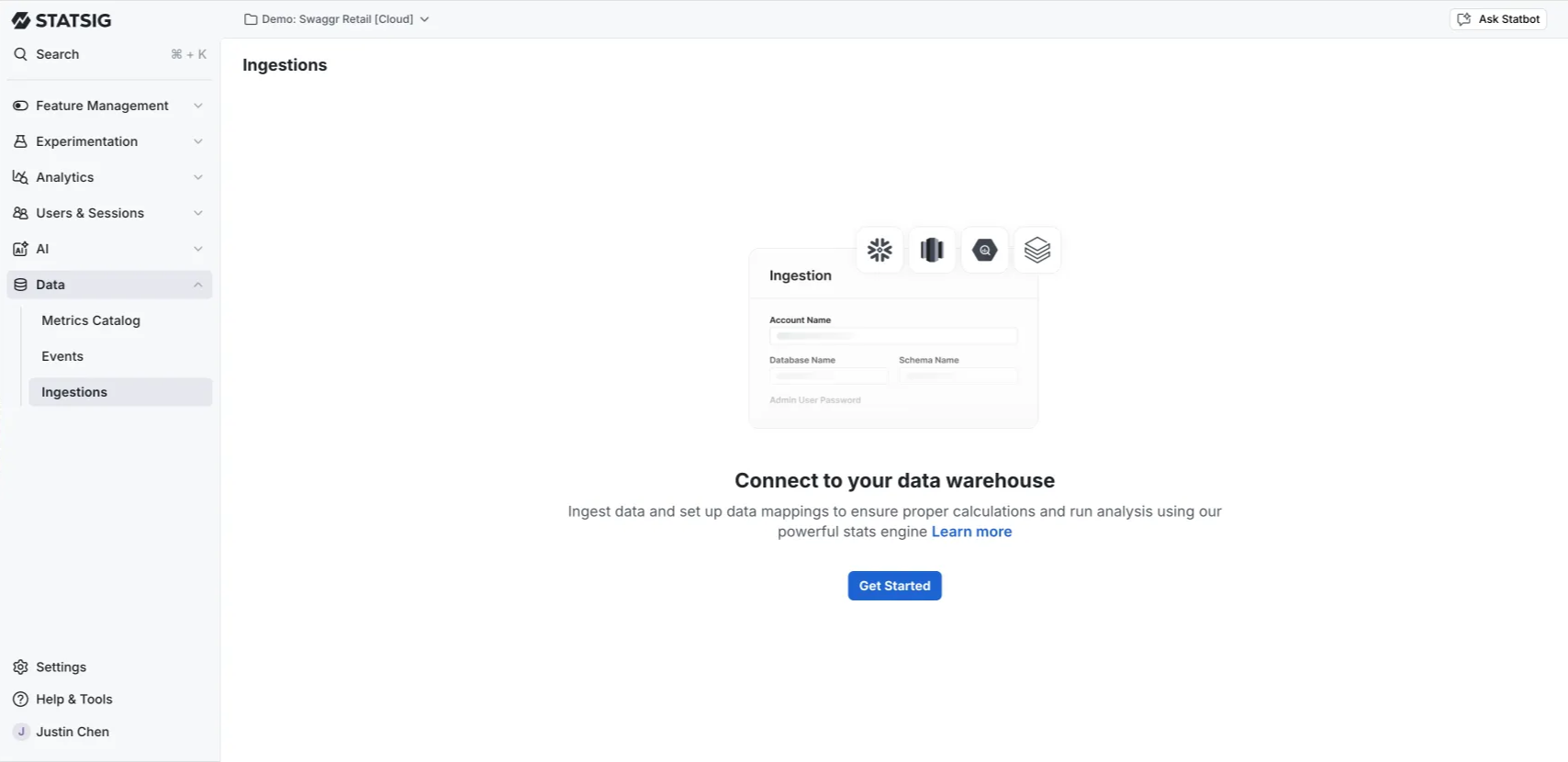 Statsig Ingestions page prompting you to connect a data warehouse