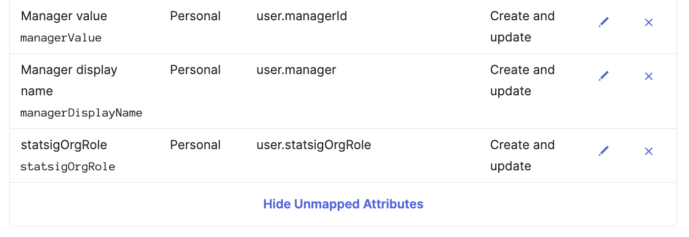 Provisioning To App tab showing statsigOrgRole attribute settings
