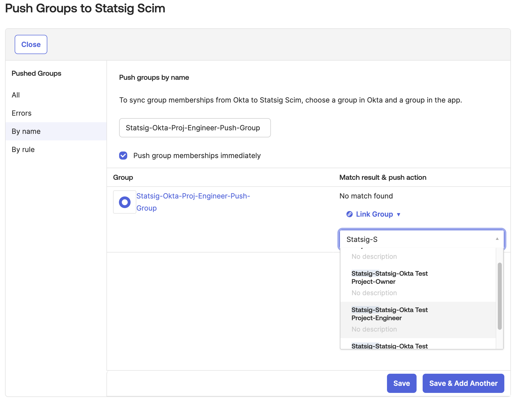Statsig project role group dropdown showing Statsig-Project-Role format