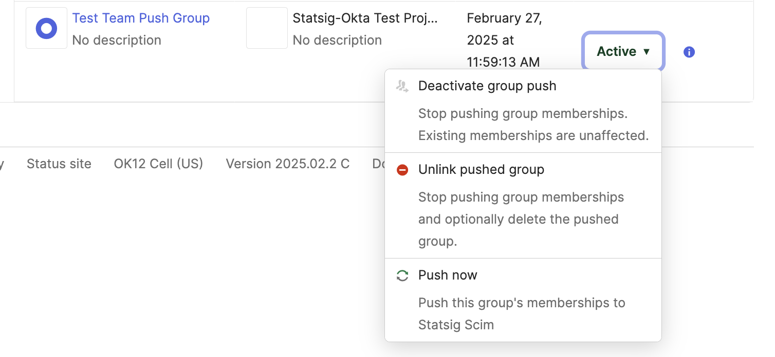 Okta push groups status view with unlink group option