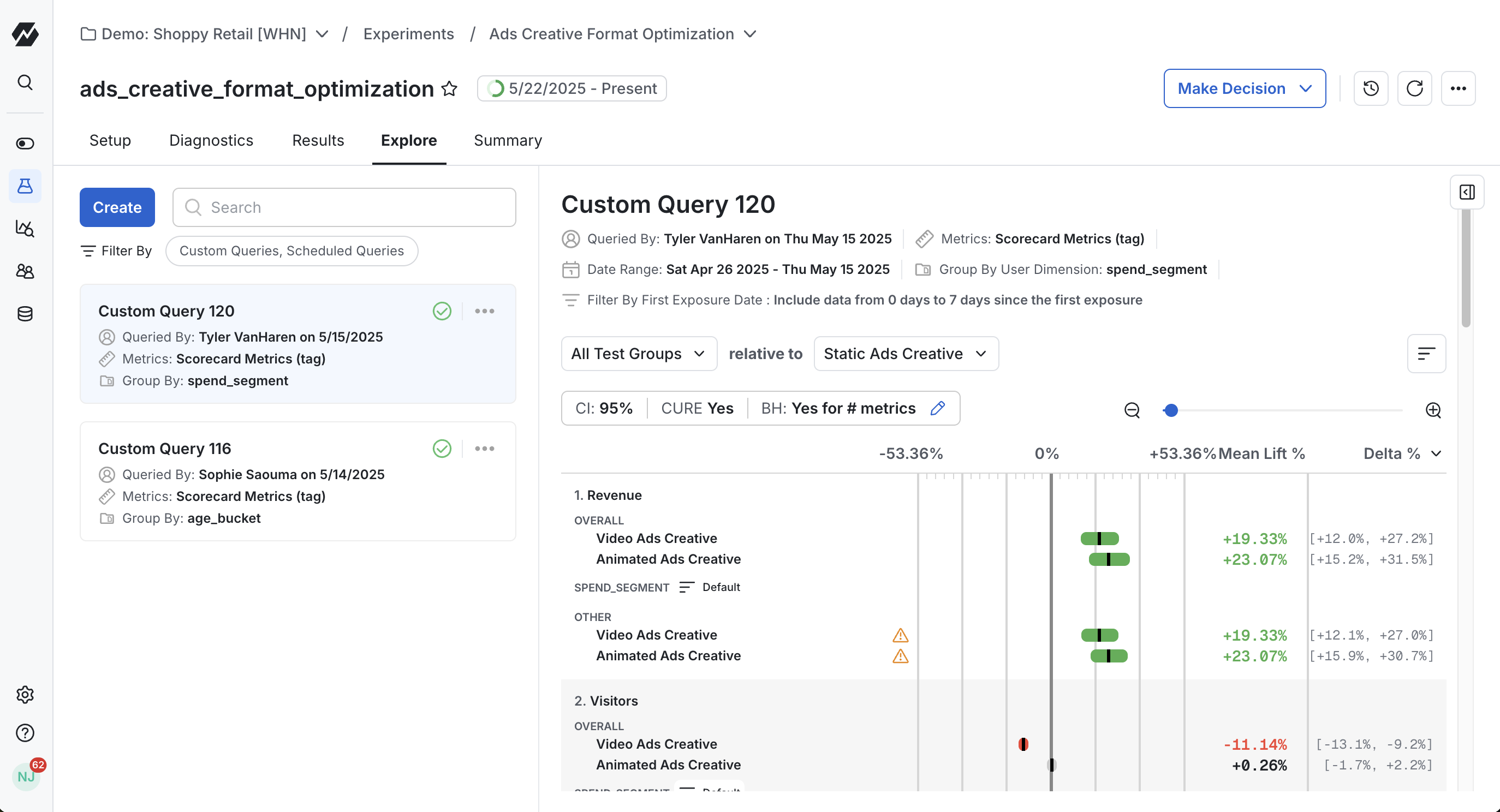 Explore tab query history list