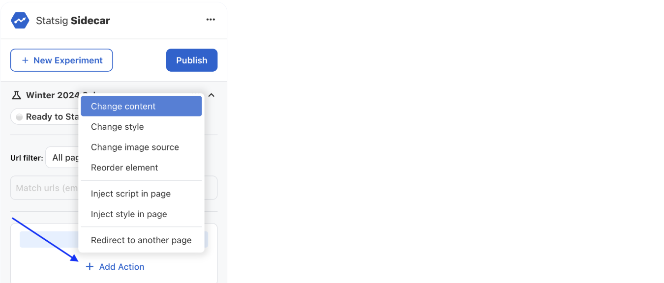 Add action selection menu with available experiment actions