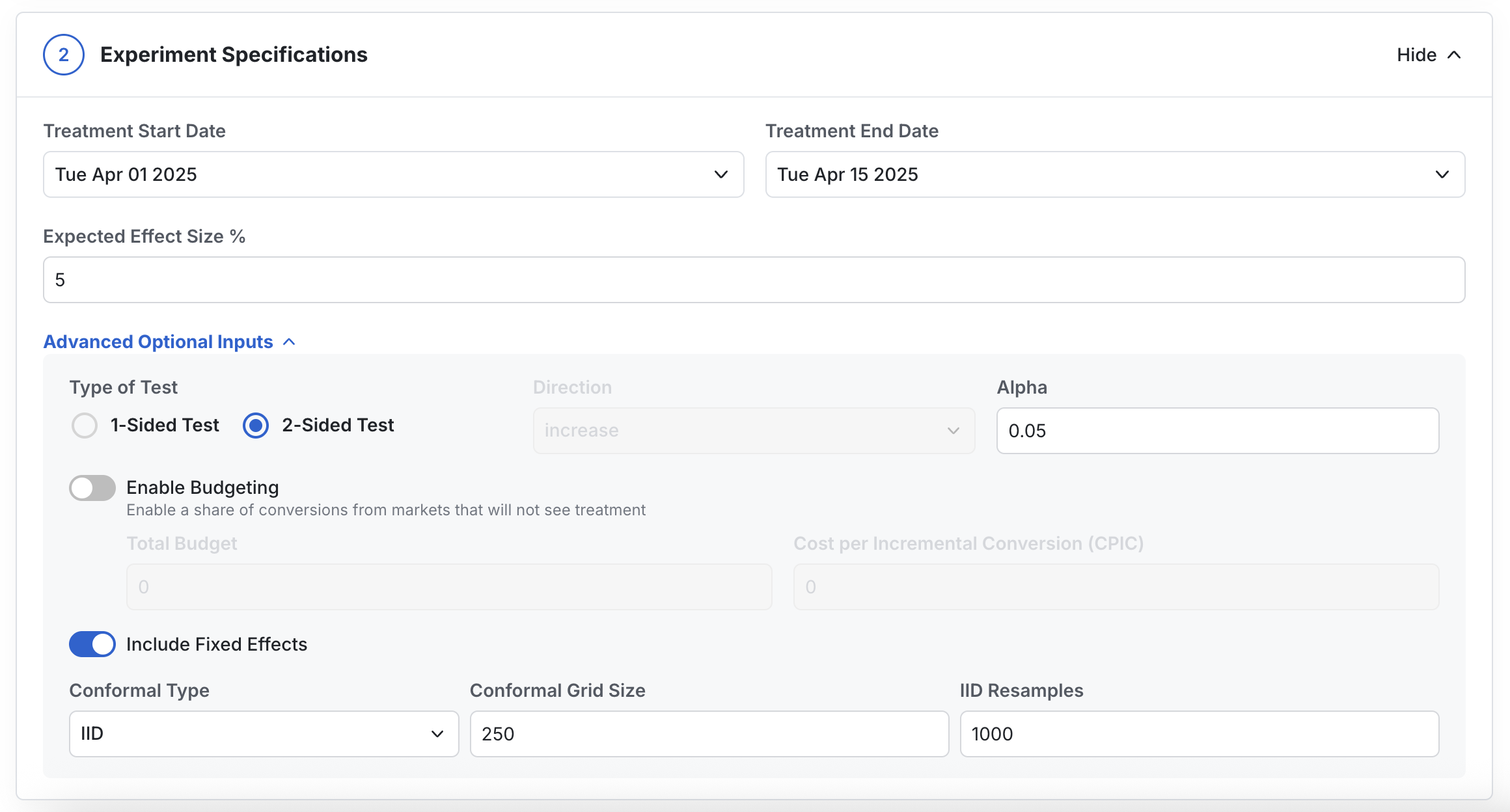 Experiment configuration settings interface