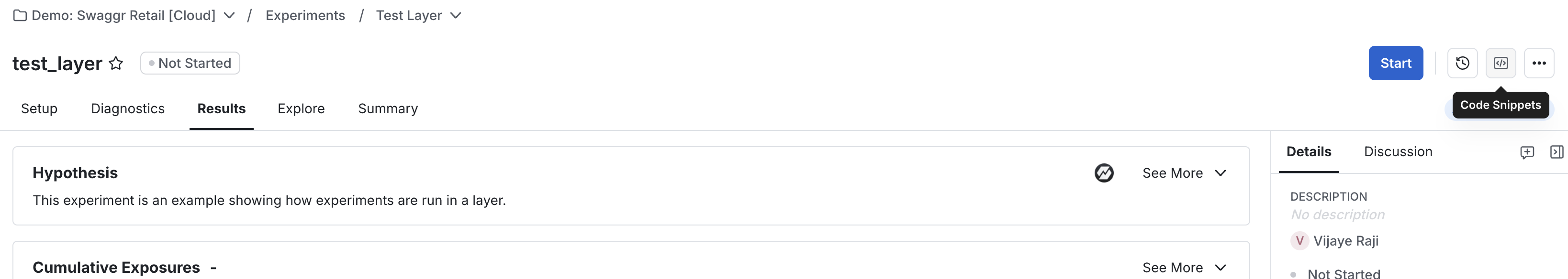 experiment code snippet button