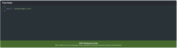 Test Gate showing PASS result for email validation