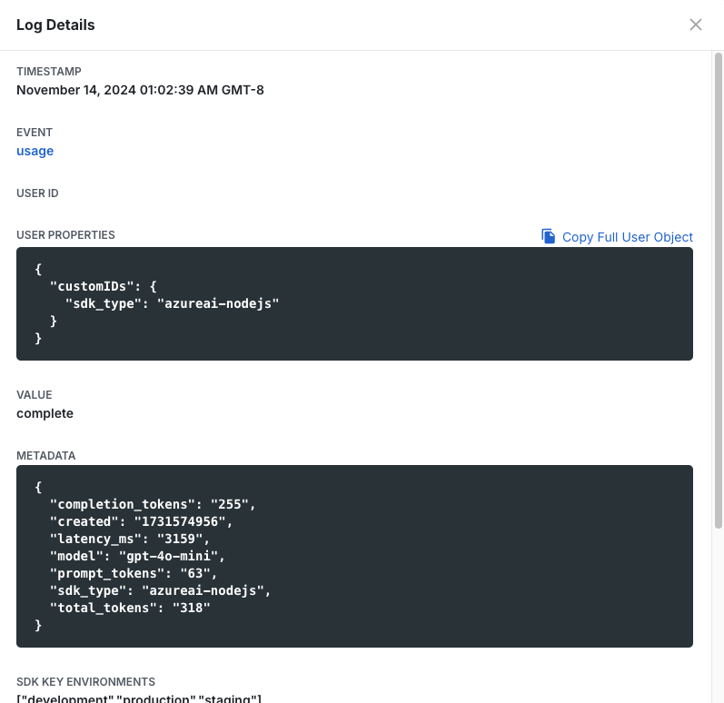 Azure AI completion API usage log example