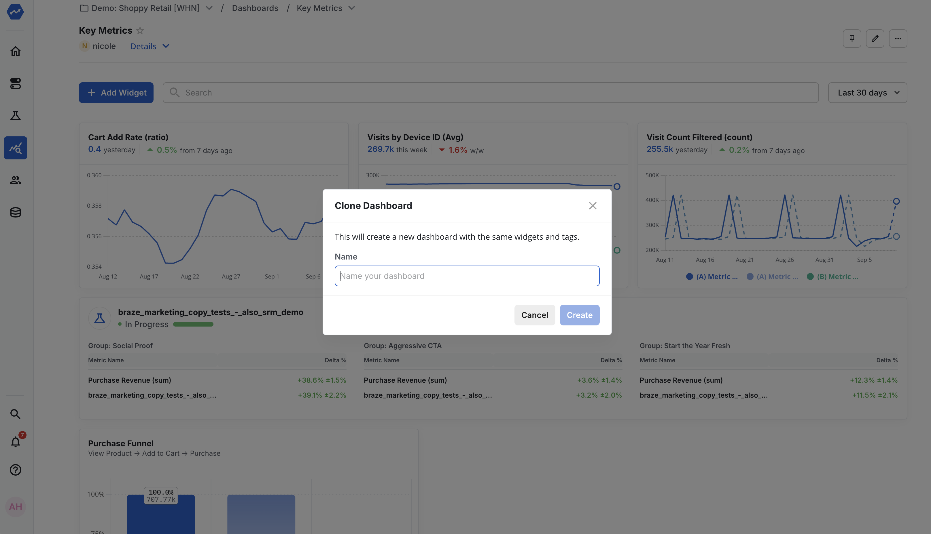Dashboard clone dialog