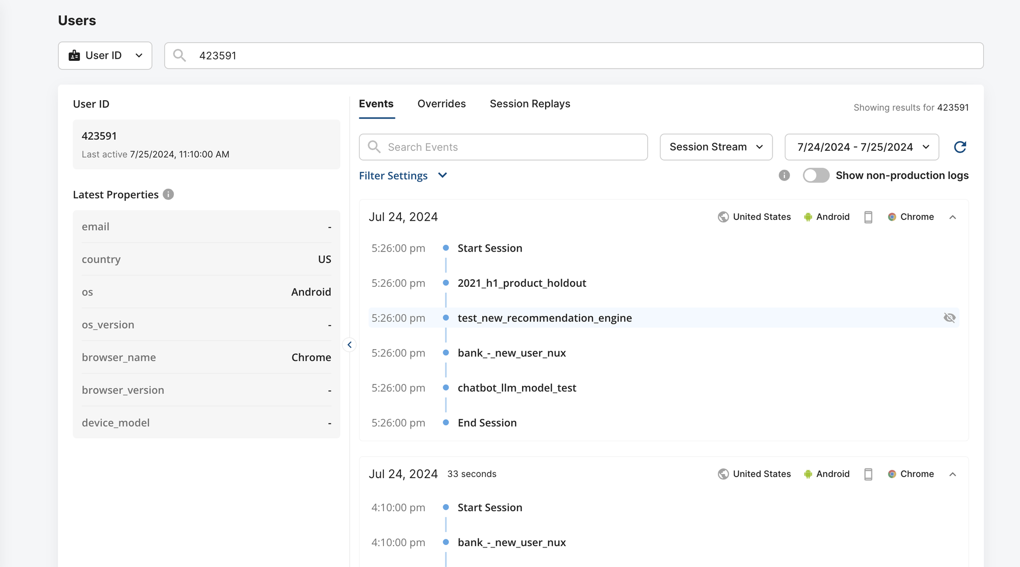 Session stream interface showing user events grouped by session