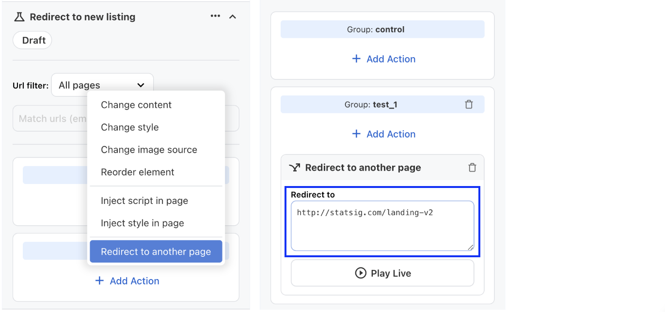 Redirect action configuration for landing page experiments