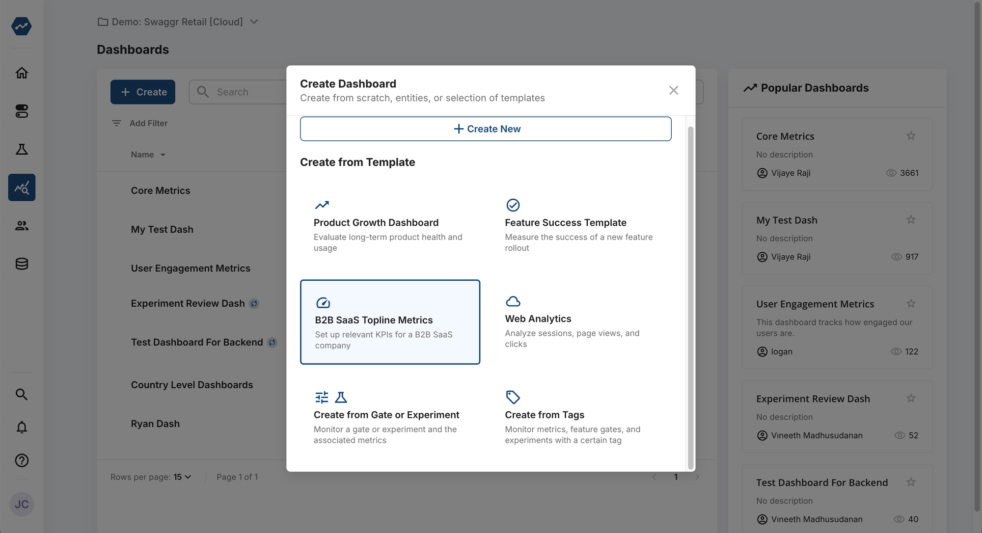 Dashboard creation interface