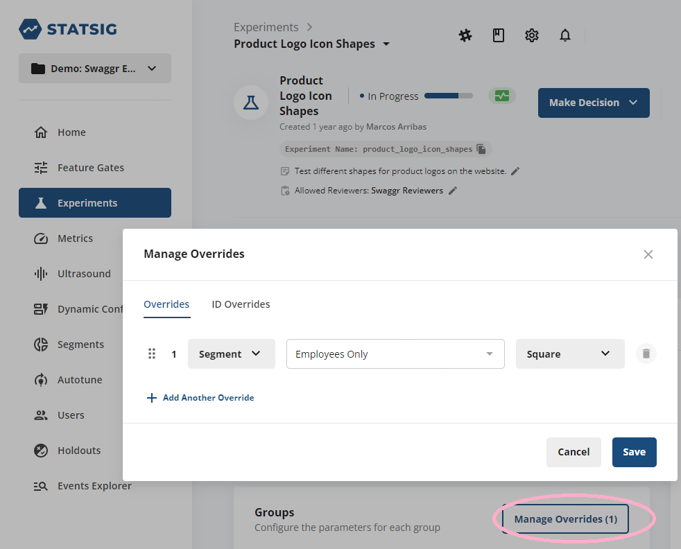Experiment Override Example